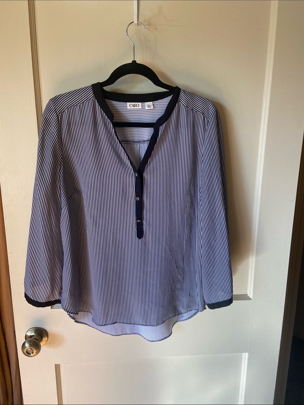 Cato Black and White Striped Long-Sleeve Henley Blouse